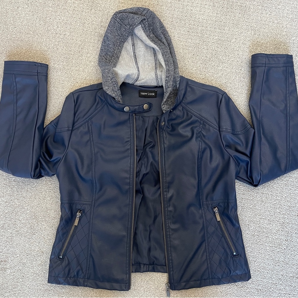 New Look Dark Blue Faux Leather Jacket with Light Gray Hood